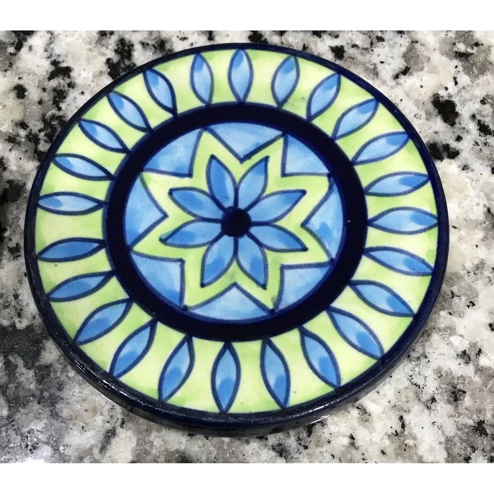 Pair of Pier One Ceramic Coasters Vibrant Blue Green Star Round Set Of 2